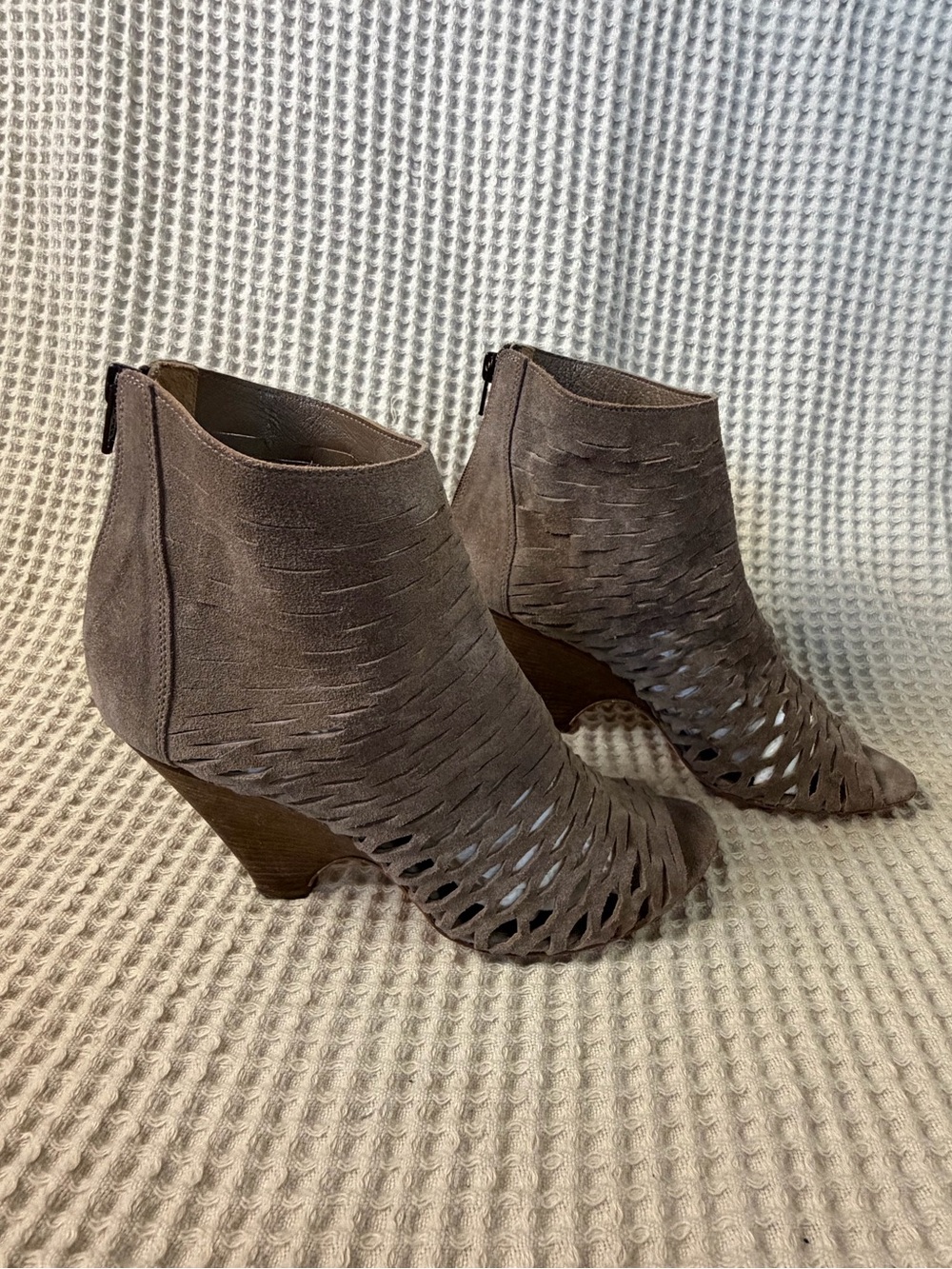 French Sole New York FS/NY Soft Suede Perforated Wedge Peep Toe Booties Taupe
